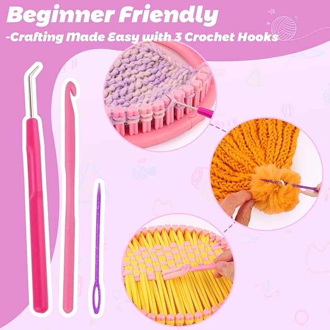 Knitting Loom Craft Kit for Kids & Beginners - Create Hat & Scraf with Yarn, Hook Needle, Ideal Birthday Christmas Gifts for Teens Girls Age 6-8 8-12 14+, Pink Loom