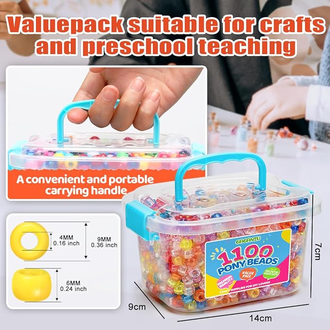gaganiu pony beads 1100+ pcs – glitter-pink plastic kandi beads in jar for bracelets, hair braids, jewelry making & diy crafts