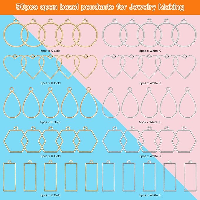 50pcs Open Bezel Pendants 5 Styles Hollow Bezel Pendants Open Frame Pendant Geometric Pressed Flower Frame for Resin Casting, Necklace, Earrings, Pressed Flower, DIY Crafts(K Gold,White K)
