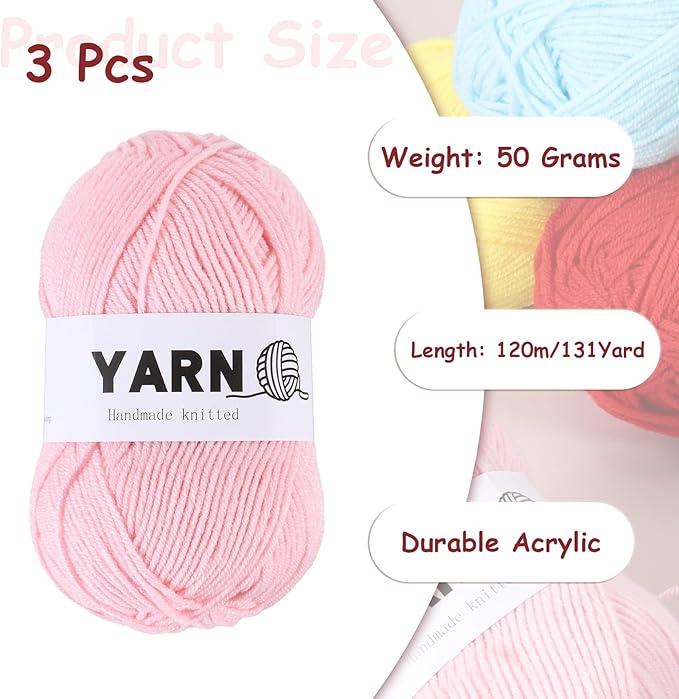 3Pcs Pink Acrylic Yarn 400 Yard 4 Ply Soft Crochet Yarns Sport Weight Yarn,[for DIY Crocheting Knitting Craft Blankets Hats]-150g