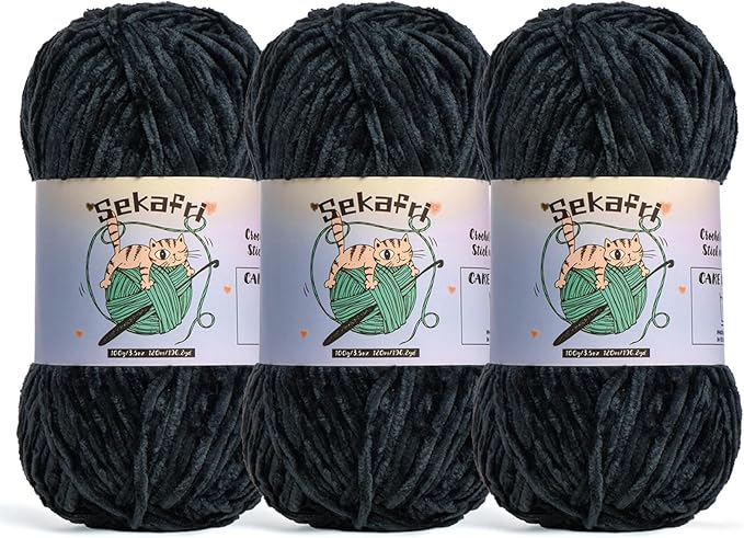 3 Pack of 300g (590yds) Fuzzy Chenille Yarn for Crocheting,Fluffy Amigurumi Crochet Yarn for DIY Craft/Hat/Clothes, Soft Velvet Baby Blanket Yarns（3 Black）
