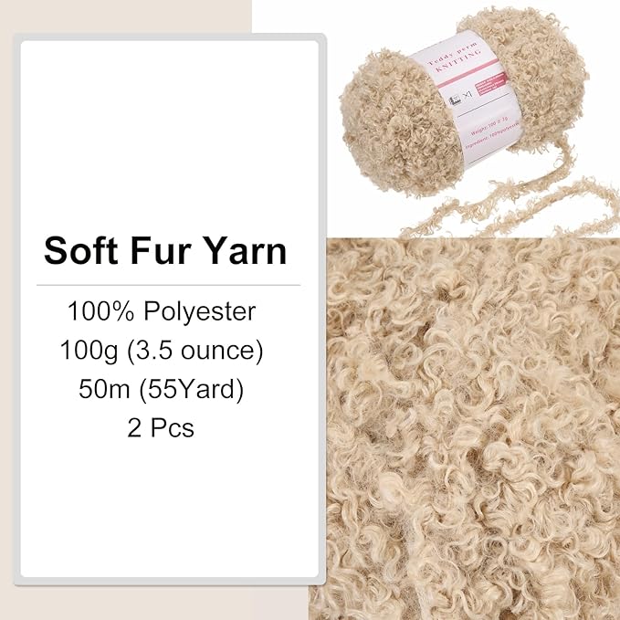 MECCANIXITY 2 Skeins Fur Yarn Soft Fluffy Chunky Yarn Fuzzy Eyelash Yarn Light Brown for Crocheting Knit Clothes Bag - 55Yard/50m, 3.5ozx2
