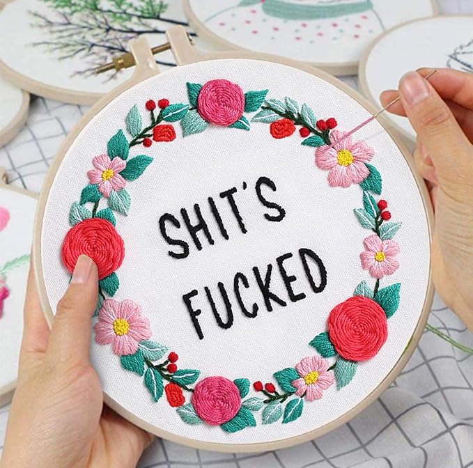Louise Maelys Funny Embroidery Kit for Beginners,Cross Stitch Kits for Adults,Flower Wreath Needlepoint for Starters Including Instruction and Threads