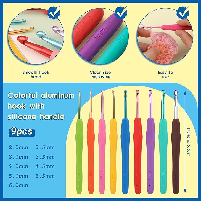 Pnytty 109pcs Crochet Hooks Kit Include 9pcs Ergonomic Crochet Hooks, 50g Premium Polyester Fiber Fill, Plastic Eyes, Noses, Crochet Tool Kit for Arthritic Hand Knitting Craft Handmade Crochet Project