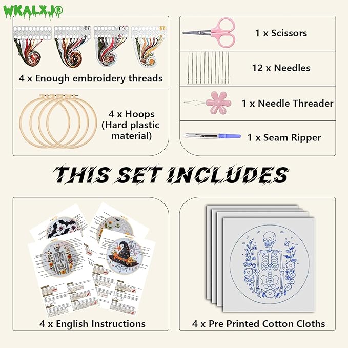 wkalxj 4 sets embroidery kits for beginners adults, cross stitch kits, needlepoint kits with instruction, video, needle point kits with bats cauldron hat skeleton patterns (4 sets c)