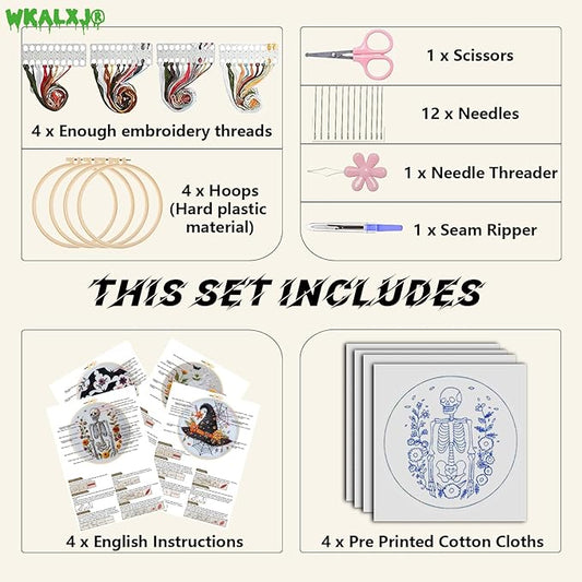 wkalxj 4 sets embroidery kits for beginners adults, cross stitch kits, needlepoint kits with instruction, video, needle point kits with bats cauldron hat skeleton patterns (4 sets c)