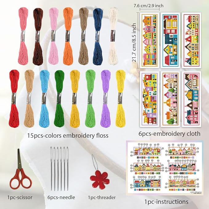 ORIGACH 6 Set Small Houses Cross Stitch Bookmark Kits for Beginner, Little Town Stamped Cross Stitch Kits with Instructions for Adults Bookmarks Lovers