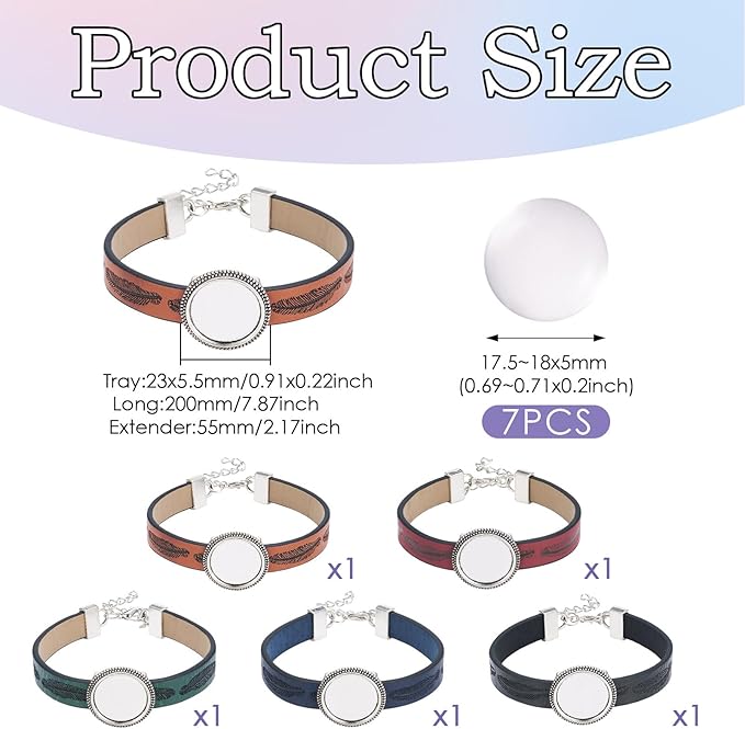 FASHEWELRY 5Pcs PU Leather Cord Bracelet with Glass Cabochons for Jewelry Making - 23mm Round, Adjustable, Feather Print Blank Tray Bracelet Band Settings (5 Colors)