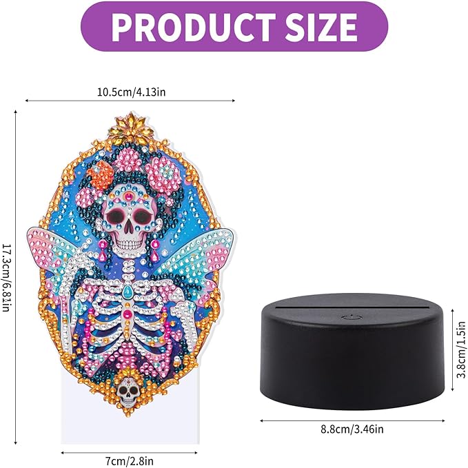 ALKALO Diamond Painting Night Light, Diamond Painting Kits for Adults Desktop Ornaments for Table Tabletop Decor Diamond Art Accessories for Adult Beginner Touch Lamp for Bedrooms Living Room-Skull