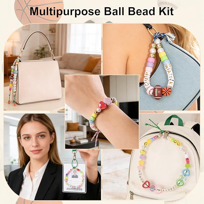 CJZMBSTY 467PCS DIY Sports Bead Keychain Making Kit, Crafts for Bag Charm Bracelet with 6 Ball Types Football Basketball Baseball Tennis Volleyball Rugby, Easy for Beginners and Ball Lover