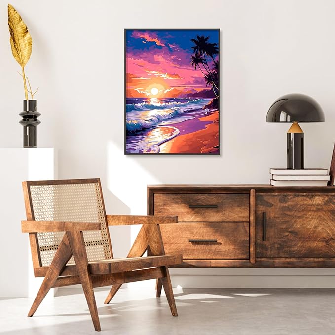 Camocin Diamond Art Kits for Adults Beach, 5D Sunset Landscape Diamond Painting Kits for Adults Beginners, DIY Beach Full Round Dots Drill Gem Art Kit for Gift Home Wall Decor 12 x 16 Inch