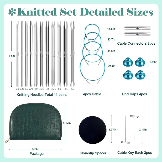 Yarniss Stainless Steel Circular Knitting Needle with Case,11 Size Interchangeable Knitting Needles with Rotating Cables 2.0~5.0mm,4.92-Inch Lace Knitting Needles Set
