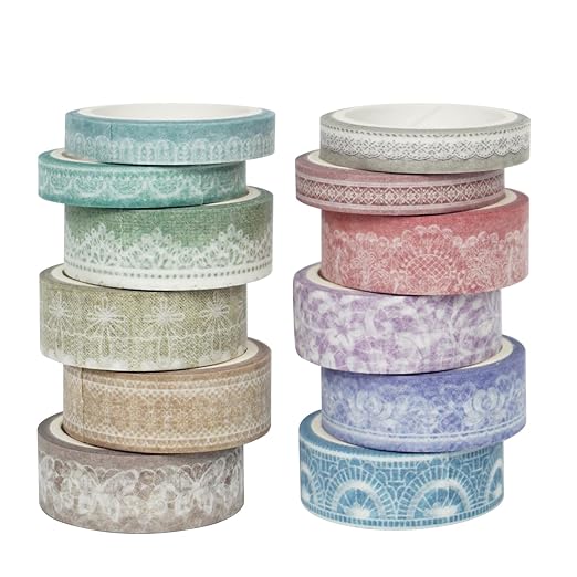 Lace Patterns Washi Tape Set 12 Rolls, Decorative Paper Sticker for Planner Scrapbook Journal DIY Arts Craft