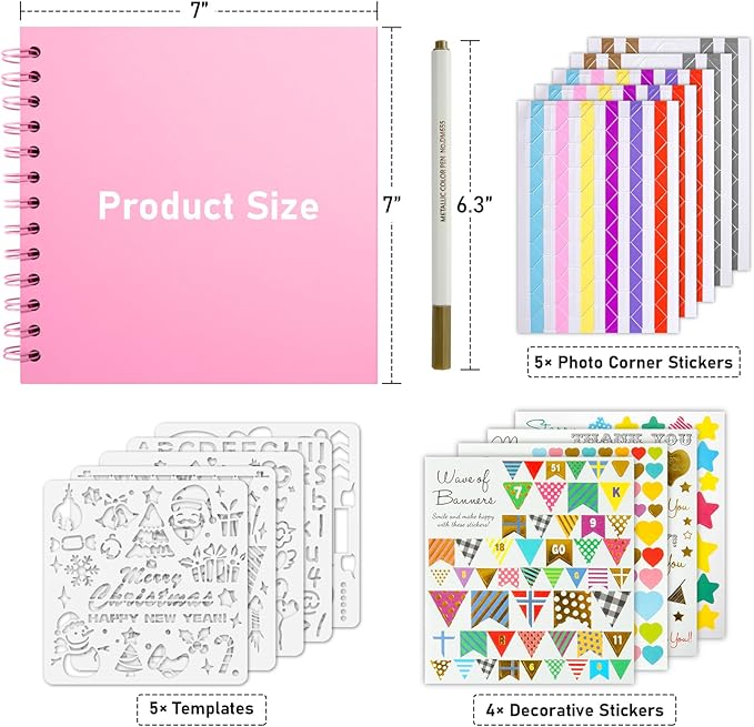 GOTIDEAL 7 x 7 Inch Scrapbook Album with Metallic Marker,40 Pages Kraft Paper Photo Albums for Wedding&Anniversary,Family DIY Scrap Books with Scrapbooking Stickers Corners(Pink)