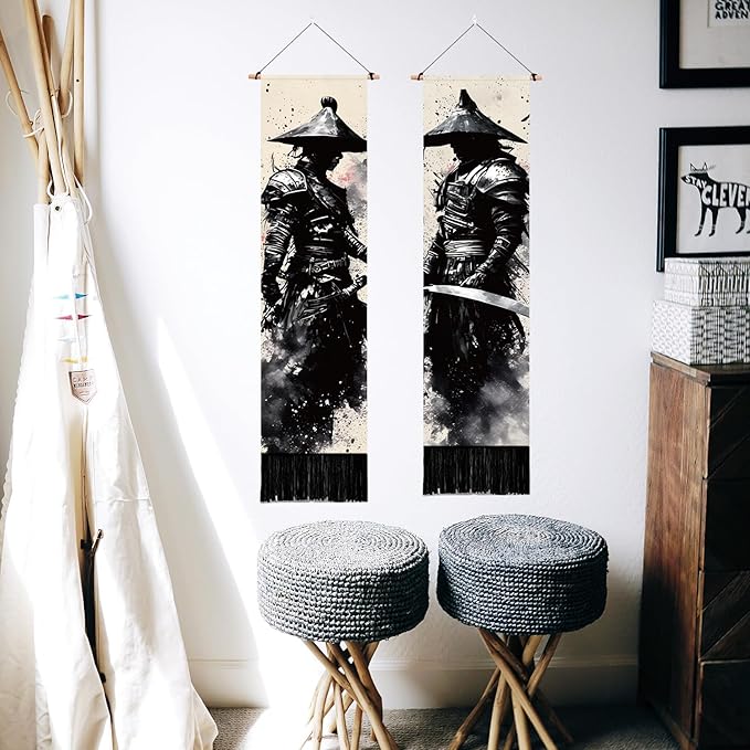 PLIGREAT 2 Pack Ink Style Tapestry Japanese Samurai Vertical Wall Hanging with Tassels Black Aesthetic Wall Tapestry for Bedroom Living Room Dormitory Backdrop Home Art Decor, 52"x13"