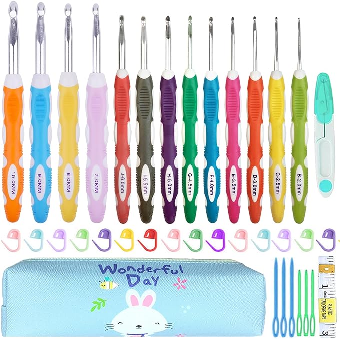 Weabetfu 13 Size Crochet Hook Set,2mm(B)-10mm(N) Ergonomic Crochet Hooks with Case,Extra Long for Arthric Hands,Soft Grip Crochet Hooks Needles for Beginners&Gift