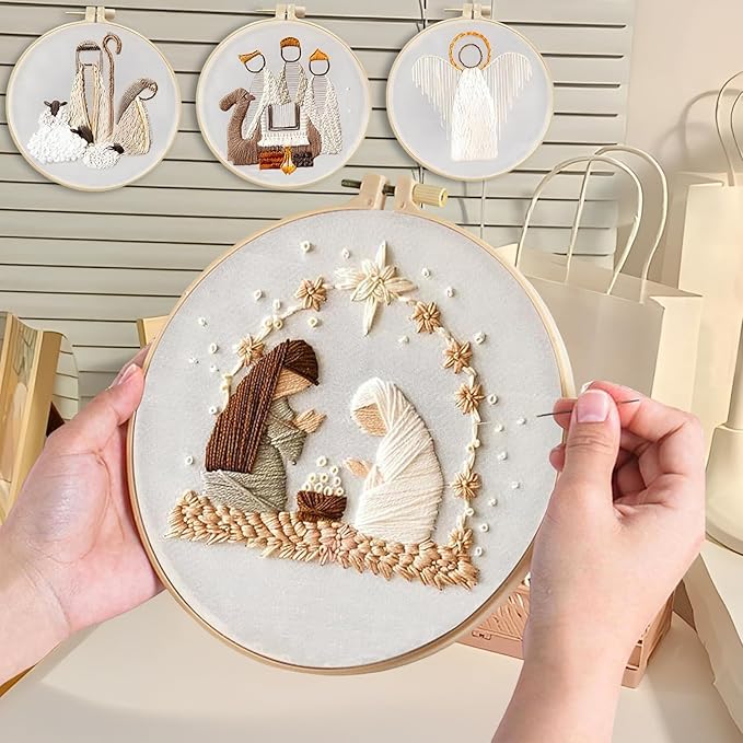 LGLRTD Nativity Embroidery Kits, 4 Sets Christmas Embroidery Kits for Beginners, Cross Stitch Kits for Adults with 4 Hoops, 4 Pattern, 12 Needles, Threads, Tools, DIY Needlepoint Craft Kit (Nativity)