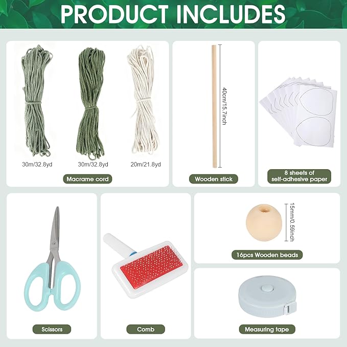 Crystalberry Large DIY Macrame Leaf Wall Hanging Kit 20.4in × 15.7in Bohemian 13 Green Leaves Decor DIY Craft Woven Yarn Tapestry for Living Room Bedroom