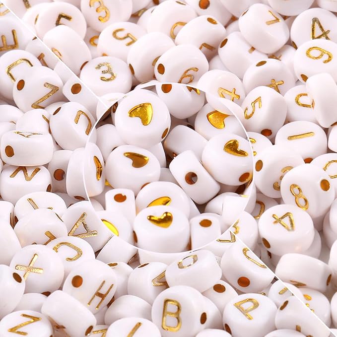 Yochus 1000pcs White Mixed Round Acrylic 4x7mm Gold Alphabet Number Heart Beads for Jewelry Making and DIY Bracelets