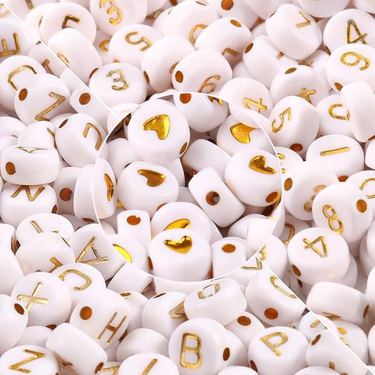 Yochus 1000pcs White Mixed Round Acrylic 4x7mm Gold Alphabet Number Heart Beads for Jewelry Making and DIY Bracelets