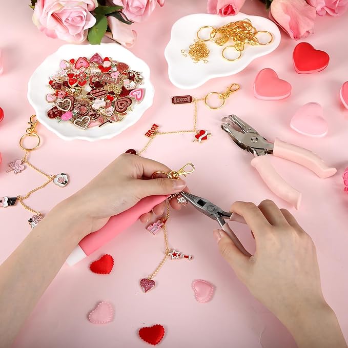 VioraWhite 213 Pcs Galentines Day Lip Gloss Keychain Making Kit Gift 100 Pink Enamel Charms 32.81 ft Gold Chains for Valentine's Day DIY Craft Jewelry Making Friends Women Adults