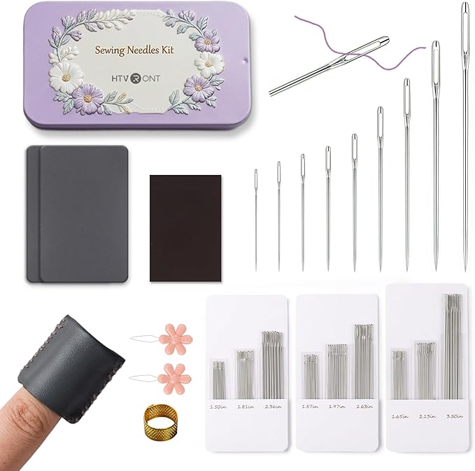 HTVRONT 106 PCS Sewing Needles Large Eye Hand Sewing, 9 Size Stainless Steel Needles, Embroidery Needle Threads with Leather Thimble Finger cots for Crafts, Repair, Quilting (Sliver 106PCS)