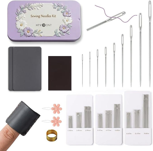 HTVRONT 106 PCS Sewing Needles Large Eye Hand Sewing, 9 Size Stainless Steel Needles, Embroidery Needle Threads with Leather Thimble Finger cots for Crafts, Repair, Quilting (Sliver 106PCS)