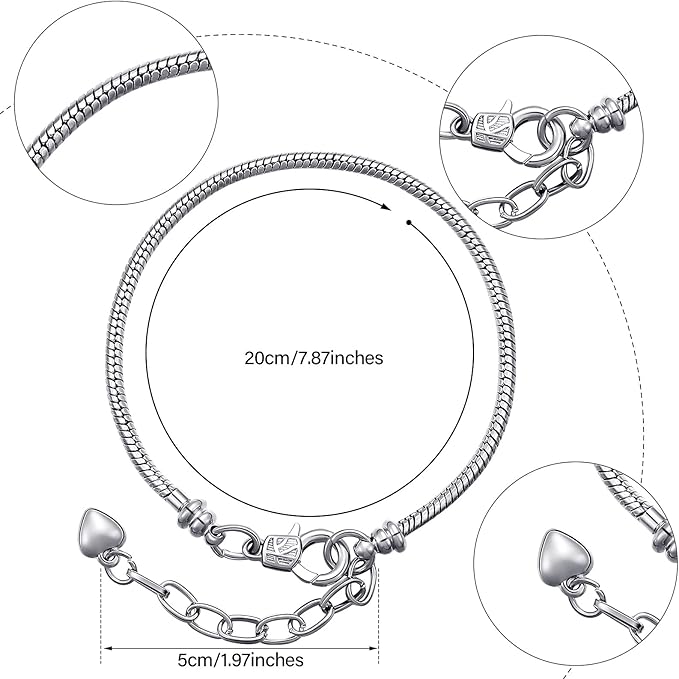 Hicarer 30 Pieces 7.87 Inch Bracelet Chains Snake Chain Charm Bracelets with Heart Lobster Clasp Extender for Women DIY Jewelry Crafts Supplies, Silver