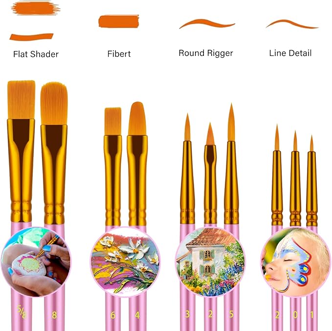 Paint Brushes Set, 20 Pcs Paint Brushes for Acrylic Painting, Oil Watercolor Acrylic Paint Brush, Artist Paintbrushes for Body Face Rock Canvas, Adult Drawing Arts Crafts Supplies, Pink