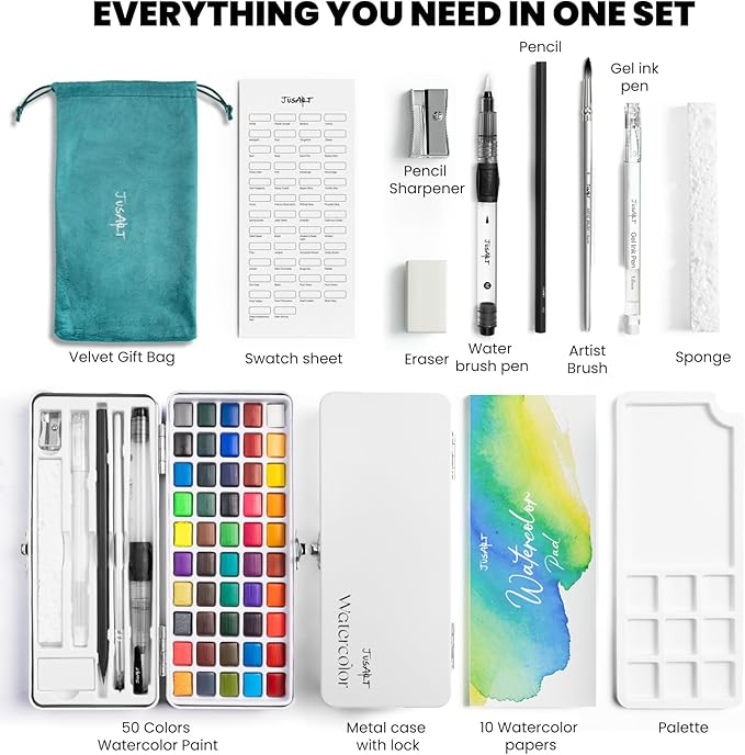 jusart 50 colors watercolor paint set,art supplies with metallic color, detail painting brushes, water brush pens, portable travel watercolor painting kit for artists, professionals