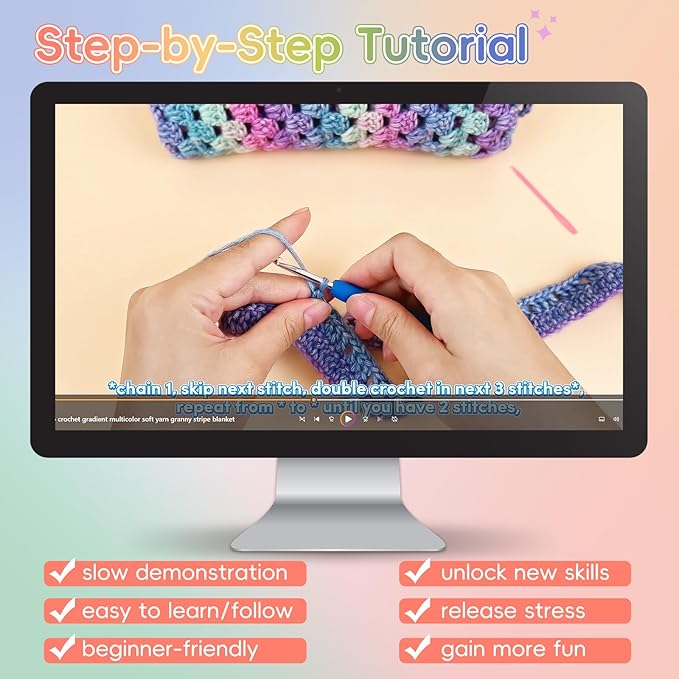 Aeelike Blanket Crochet Kit for Beginners, Super Easy Crochet Blanket Kit with Soft & Colorful Gradient Yarns Detailed Video Tutorials Crocheting Accessories, Rainbow Gradient & Ideal Gift