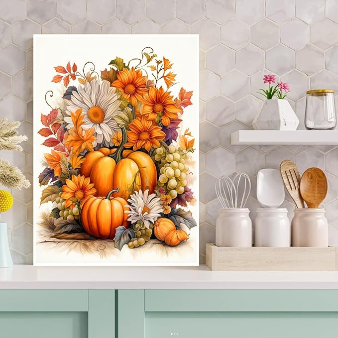 Pumpkin Diamond Art Kits for Adults-DIY 5D Fall Diamond Painting Kits for Adults Beginners, Full Drill Paint with Diamonds Art Painting Thanksgiving Flowers Crafts for Home Wall Art Decor 12x16in