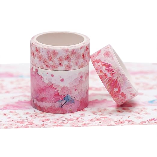 YUBBAEX Cute Printed Washi Tape 3 Rolls Japanese-Style Masking Tape Set Decorative for Arts, DIY Crafts, Journal Supplies, Planners, Scrapbook, Card/Gift Wrapping (Cherry Blossoms (Wide))