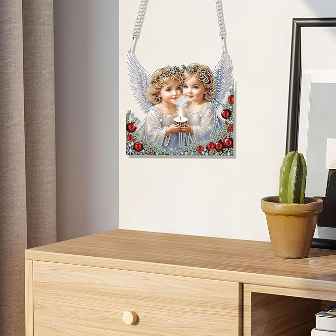 JZHYOAN Diamond Painting Art Hanging Kit Angel DIY Hanging Diamond Craft Pendant Acrylic pendant Ornaments Craft Kits Crystal Arts pendant Wind Chimes with Diamonds Art Window Pendants Craft for Adult