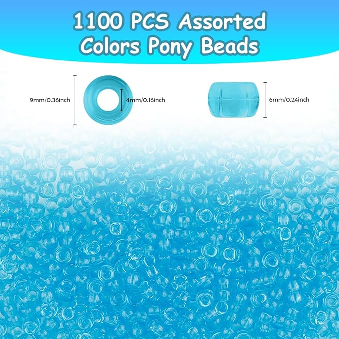 pony beads 1100 pcs, beads for jewelry making, beads for bracelets making, hair beads, bracelet beads, plastic beads for crafts, hair beads for braids for girls (trans-blue)