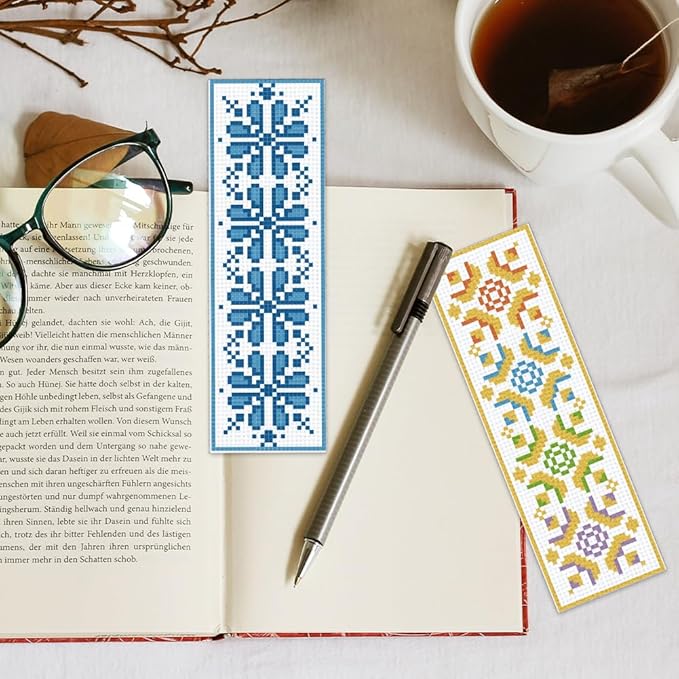 INFUNLY 6PCS Flower Cross Stitch Bookmark Kit for Beginners 8.66"×3.15" Boho Plaid Flowers Embroidery Bookmark Kits Geometric Pattern Cross Stitch Kit with Instruction for Book Lovers Reader Writers