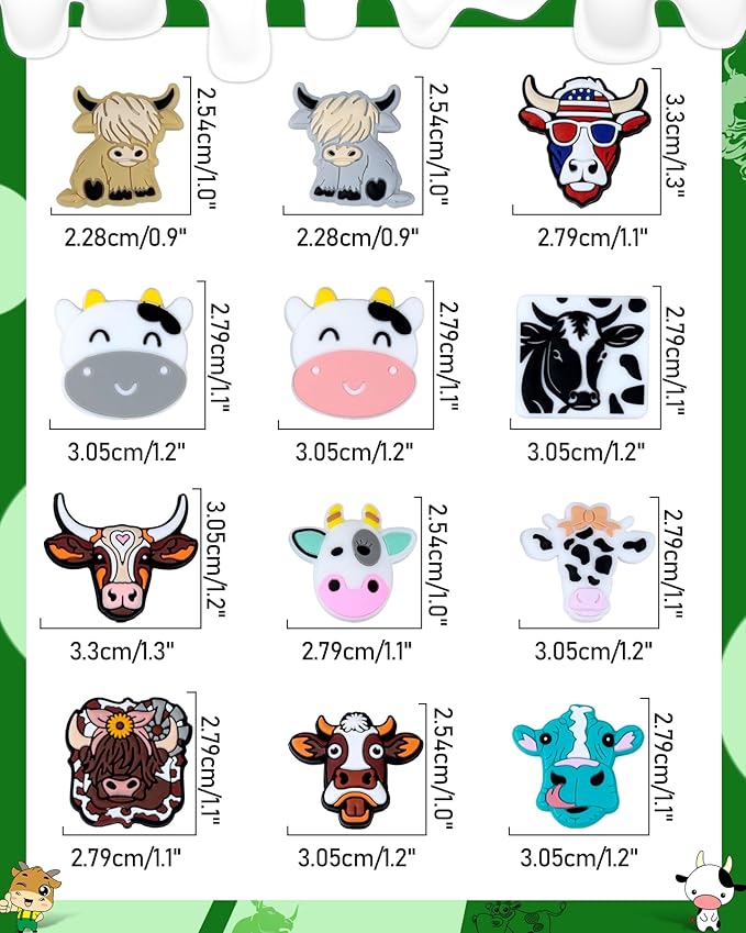 14PCS FIVEIZERO Cow Focal Beads and Animal Silicone Beads for Keychains, Bracelets, and Various Crafts, Includes Cow Designs for DIY Projects, Pens and Accessories