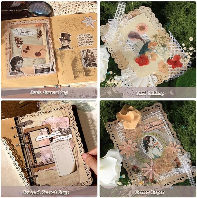 30 Sheets Lace Edged Vintage Scrapbook Paper, Assorted Set - 3 Pack Background Stationery Paper Ephemera for Junk Journaling Supplies, Scrapbooking, Collage, Letter Writing