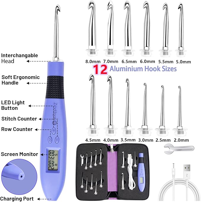 Zcvtbye 12 Size Counting Crochet Hooks Set, Light Up Crochet Hooks for Stitch & Row Counter, Lighted Crochet Needles Kit with Case (Blue, 12 Size)