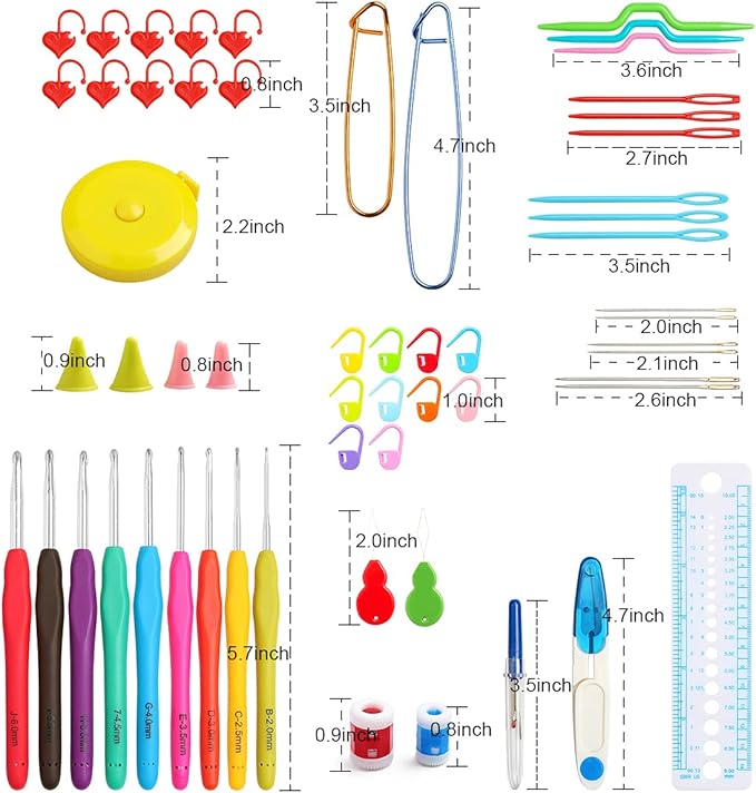 KOKNIT Crochet Hooks Set with Storage Case 71pc Knitting Needle Accessories 9 Soft Grip Ergonomic Crochet Needles,12 Coloured Aluminum Yarn Crocheting Crochet Hooks,Crochet Kit with Crochet Supplies