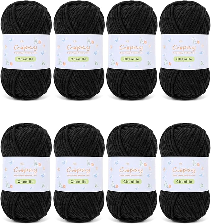 Coopay Chenille Yarn for Crocheting, 8 Pack Medium Weight Yarn - CYC #4 - Total 520yd, Soft Crochet Yarns for Plush Toys, Blankets, Scarves (Black)