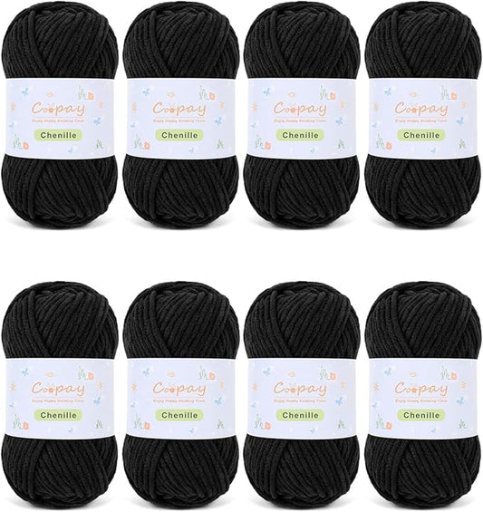Coopay Chenille Yarn for Crocheting, 8 Pack Medium Weight Yarn - CYC #4 - Total 520yd, Soft Crochet Yarns for Plush Toys, Blankets, Scarves (Black)