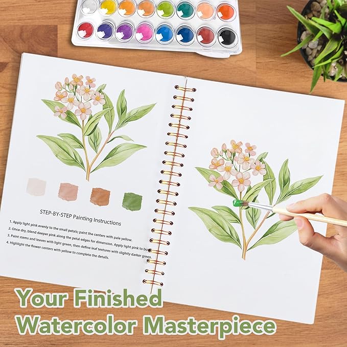 Easy Watercolor Workbook for Beginners - 12 Beautiful Step-by-Step Paintings Water Coloring Book, Includes 16 Colors Paints, Relaxing Art Projects and Creative Gift for Adults & Teen (Flowers)
