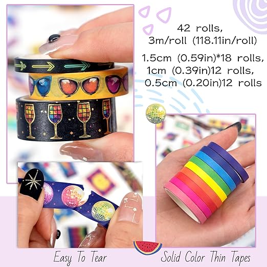 Gold Foil Washi Tape Set - 42 Rolls Decorative Masking Tape for Crafts Supplies, Scrapbooking, Bullet Journal, Party Decoration, DIY Arts & Crafts, Planner