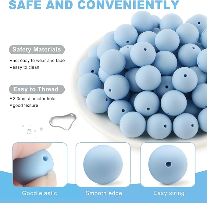 65Pcs 19mm Silicone Beads for Keychain Making Bracelet Necklace, Bulk Round Silicone Beads for Pens（Pastel Blue）