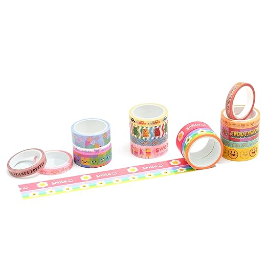 YUBX Cute Cartoon Washi Tape Set 16 Rolls Bright Colors Kawaii Masking Graphic Decorative Tapes for Arts, DIY Crafts, Journals, Planners, Scrapbook, Wrapping