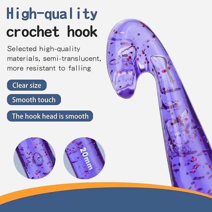 Qmnnma Large Crochet Hooks, 5 Large Crochet Set, 12mm-25mm Huge Purple Transparent Crystal Crochet Hooks for Crocheting Yarn, Chunky Yarn, DIY Crafts