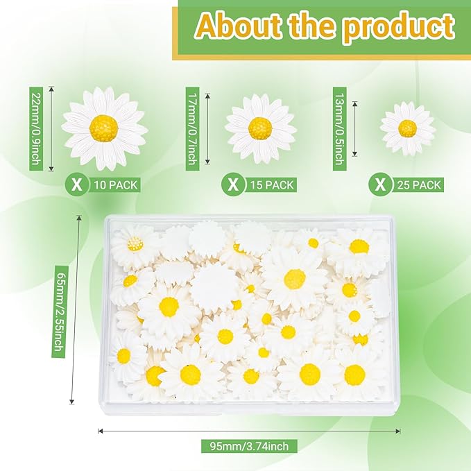 AquaLume Daisy Flowers Craft Kit, 50 Pcs Resin Daisies in 3 Sizes with Storage Box, Flat Back Floral Embellishments for DIY Scrapbooking, Home Wedding Party Decor, Food Safe Decoration