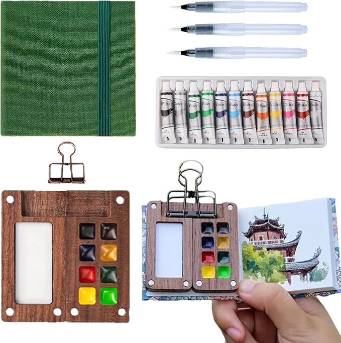 Aimery Mini Watercolor Paint Travel Set, Portable Small Miniature Pocket Water Color Painting Kit with Wooden Palette & Sketchbook(Pine Green)