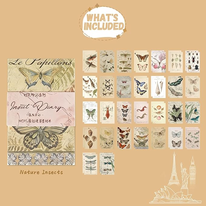 60 Sheets Junk Journal Ephemera Kit, 30 Unique Vintage Scrapbook Paper Patterns for Bullet Journal, Planner Supplies, 3x2 inch (80x50mm) Collage Material (Nature Insects)